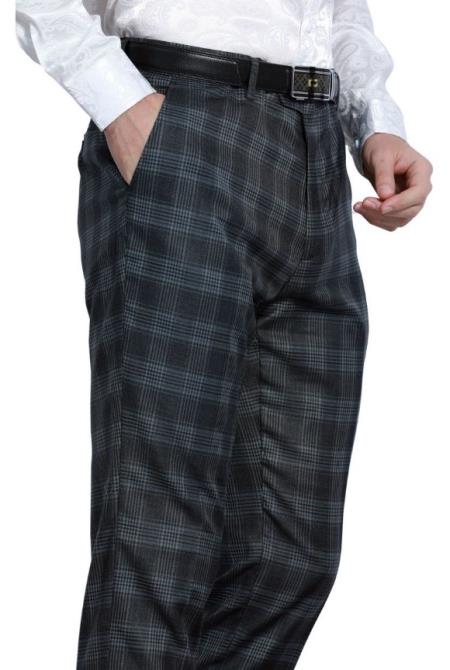 Mens Flat Front Pants - Plaid Pants - Slim Fit Pants - Windowpane Pant - Charcoal