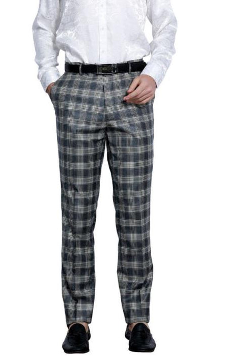 Mens Flat Front Pants - Plaid Pants - Slim Fit Pants - Windowpane Pant - Navy