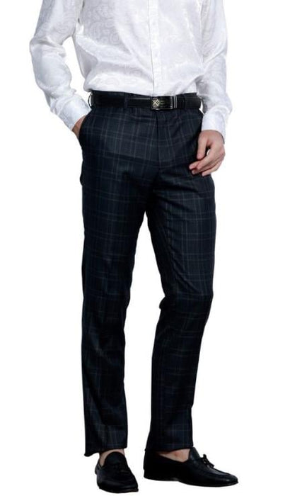 Mens Flat Front Pants - Plaid Pants - Slim Fit Pants - Windowpane Pant - Black