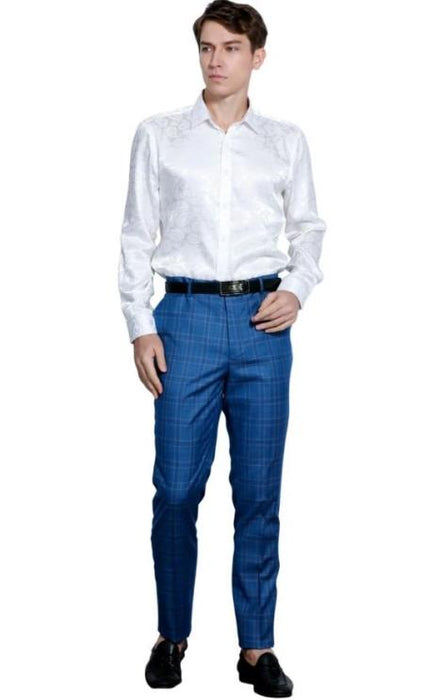 Mens Flat Front Pants - Plaid Pants - Slim Fit Pants - Windowpane Pant - Indigo