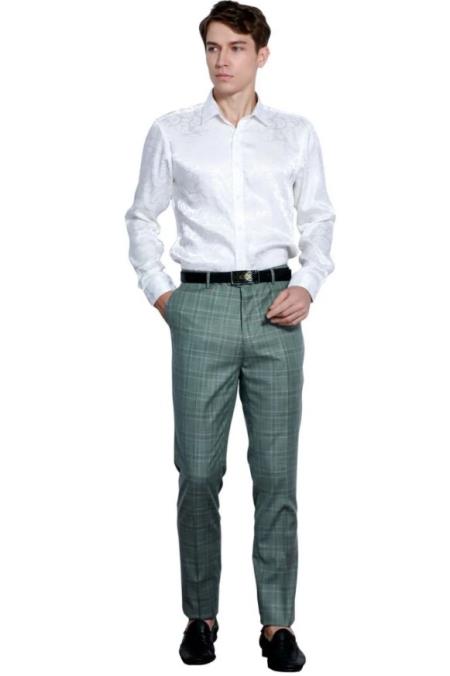 Mens Flat Front Pants - Plaid Pants - Slim Fit Pants - Windowpane Pant - Mint