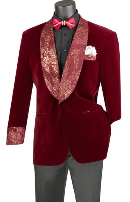 Mens Blue Regular Fit Velvet Jacket with Wide Shawl Lapel Burgundy