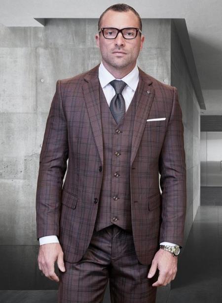 Statement Suits - Plaid Suits - Business Suits Italian Vested Suits Brown