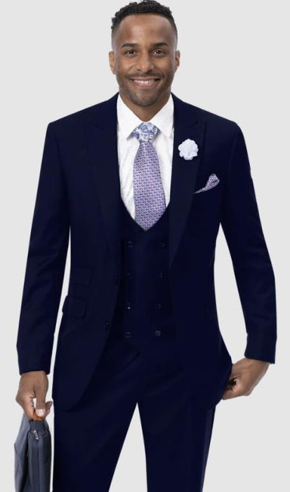 Mens Two Button Peak Lapel Suit Navy