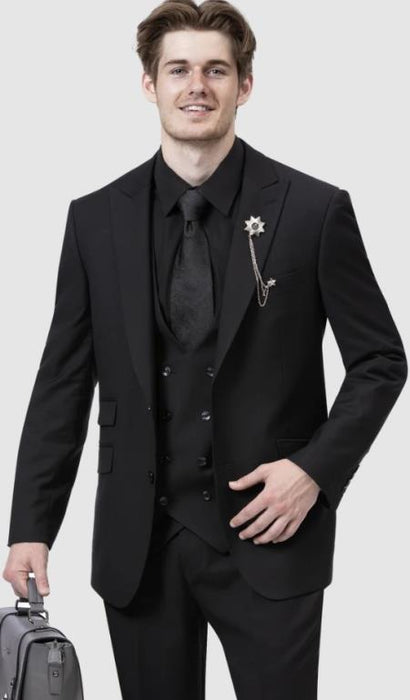 Mens Two Button Peak Lapel Suit Black