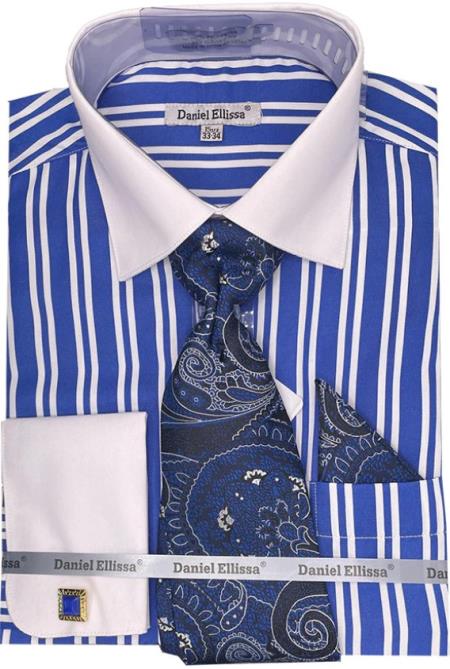 Mens Royal Blue Striped Dress Shirt Set