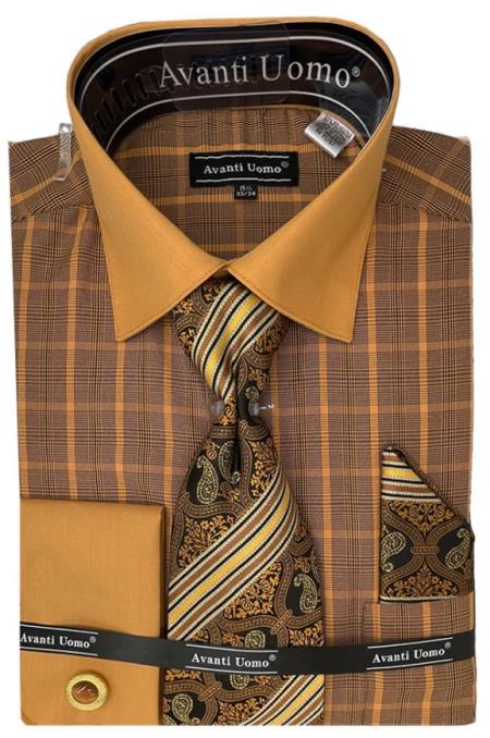 Mens Rust Tone on Tone Check Pattern Dress Shirt