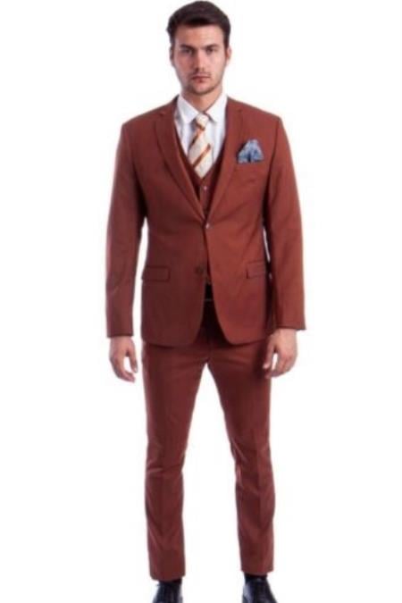 Mens Light Brown 3 Piece 2 Button Ultra Slim Fit Suit