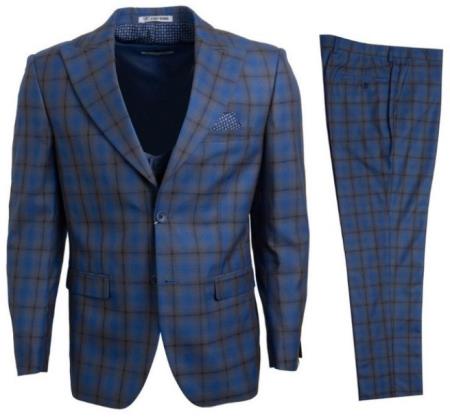 Stacy Adams Suit Mens Plaid Suit Blue 3 Piece Suit Big Lapels