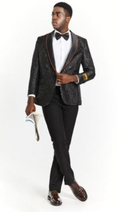 Mens Black Paisley Blazer - Big and Tall Sport Coat With Bowtie