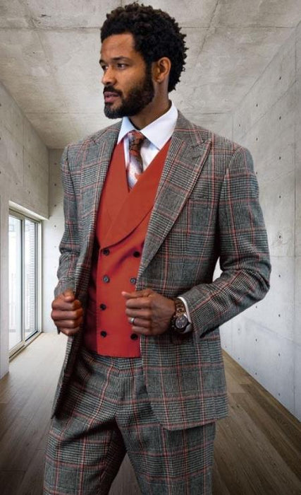 SKU#JA60602 Statement Mens 3 Piece Suit - Glen Plaid Checkered Copper