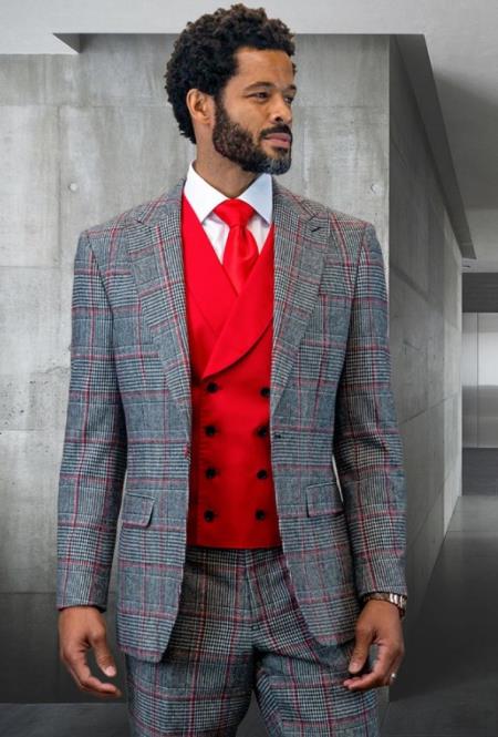 SKU#JA60605 Statement Mens 3 Piece Suit - Glen Plaid Checkered Red