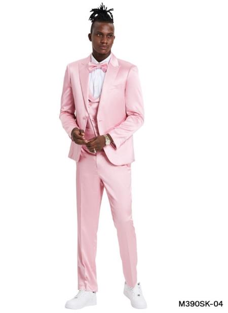 Mens Dusty Rose Shiny Suit - Flashy Sateen Suit With Bowtie - Wedding Suit Slim Fit