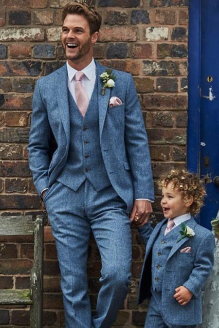 Mens Light Blue Tweed Suit - Groom Tweed Wedding Suit