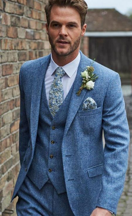 Mens Light Blue Tweed Suit - Groom Tweed Wedding Suit