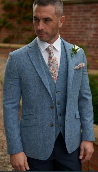 Mens Light Blue Tweed Suit - Groom Tweed Wedding Suit