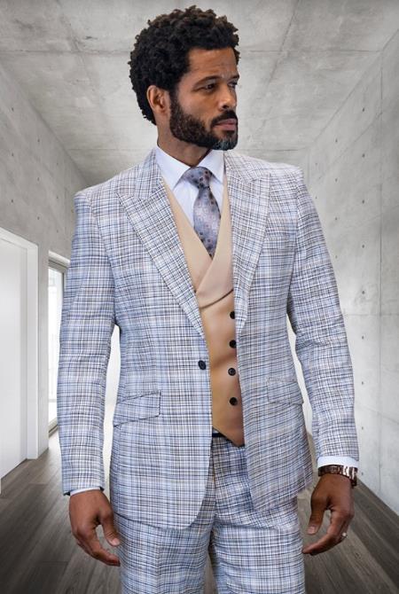 SKU#JA60667 Statement Suits - Plaid Suits - Vested Suits- Peak Lapel Suits - Camel