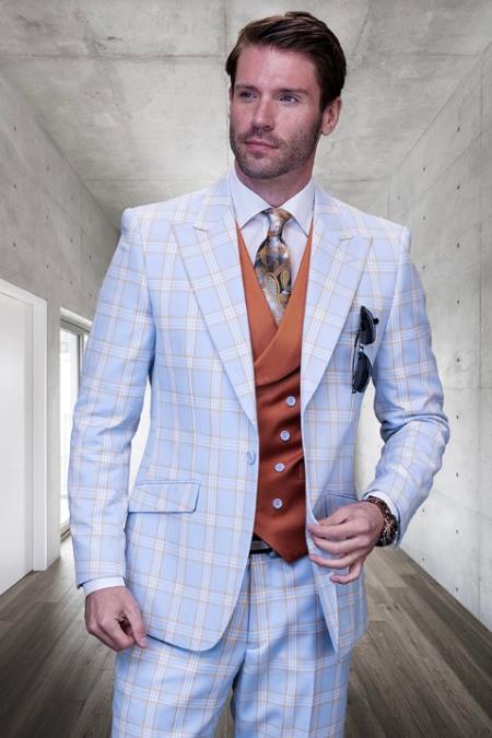 SKU#JA60670 Statement Suits - Plaid Suits - Vested Suits- Peak Lapel Suits - Blue