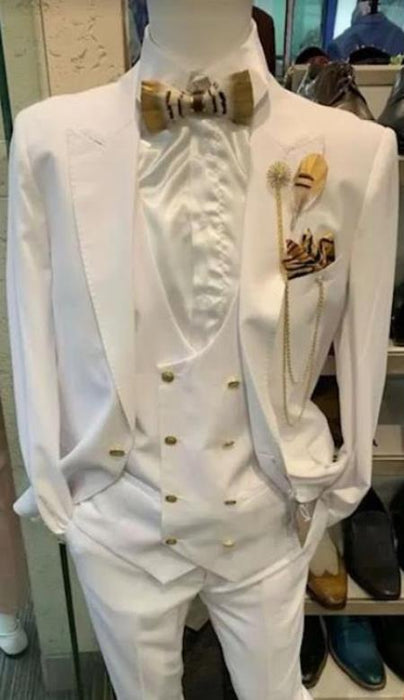 White and Gold Suit - Peak Lapel Suit - Flat Front Pants