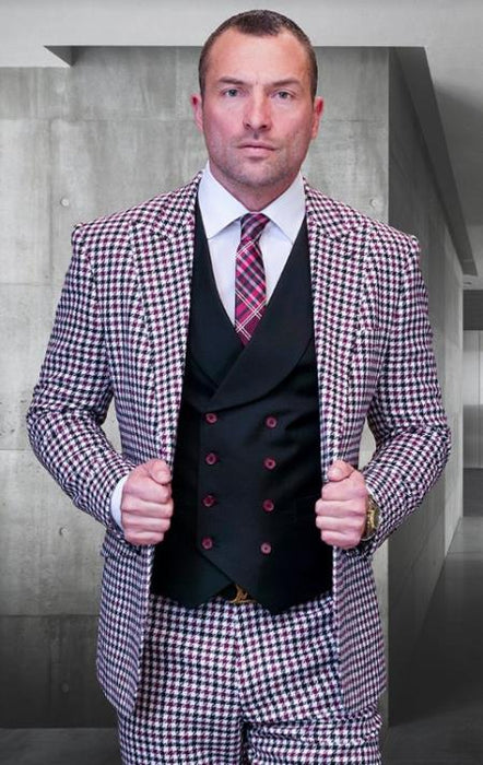 SKU#JA60720 Statement Suits - Plaid Suits - Vested Suits- Peak Lapel Suits - Burgundy