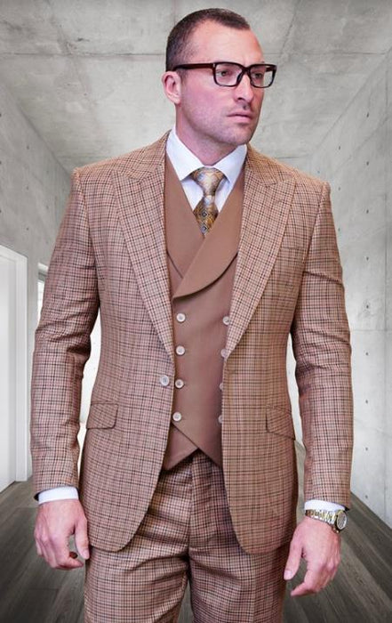 SKU#JA60722 Statement Suits - Plaid Suits - Vested Suits- Peak Lapel Suits - Bronze