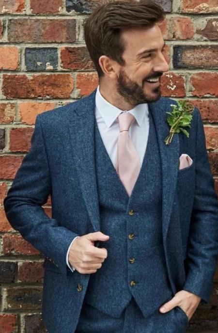 SKU#JA60735 Groomsmen Tweed Suit - Blue Herringbone Western Suit