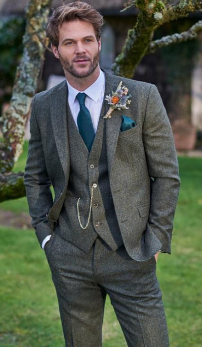 SKU#JA60784 Groomsmen Tweed Suit - Green Herringbone Western Suit