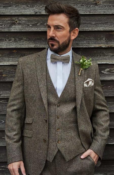 SKU#JA60785 Groomsmen Tweed Suit - Brown Herringbone Western Suit