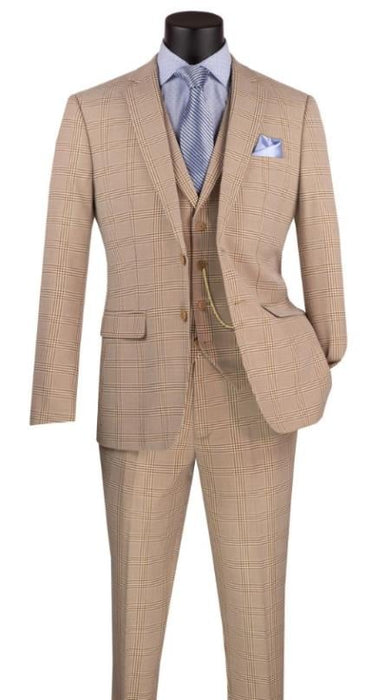 Glen Plaid Suit - Men's 3 Piece Slim Fit Suit - Beige Suit- SV2W6