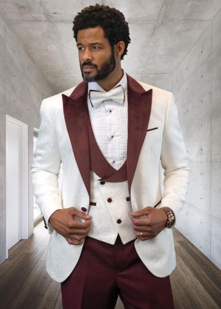 White and Burgundy Tuxedo Vested Suit - Wedding Tuxedo