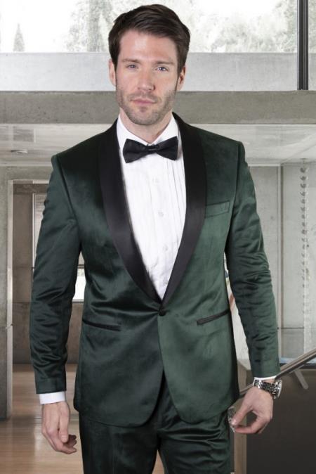 SKU#JA61468 Emerald Green Tuxedo - Hunter Green Tuxedo Velvet Lapel, Velvet Vest with Gold Button and Side Trim on the Pants