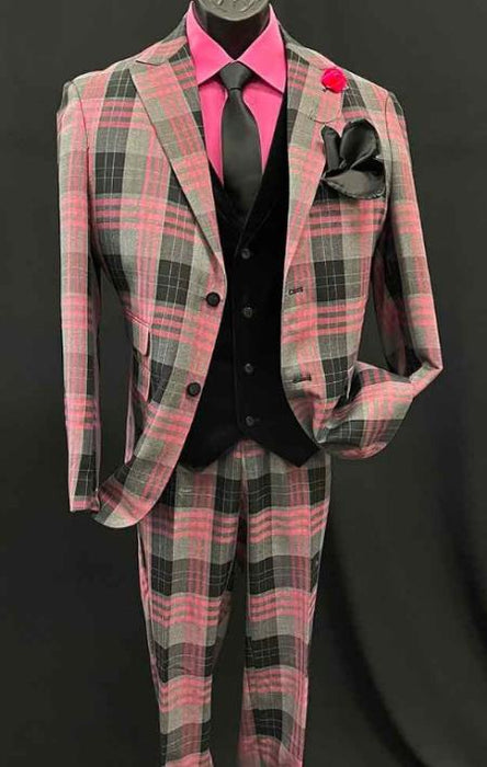 Mens Two Button Peak Lapel Suit Pink ~ Black