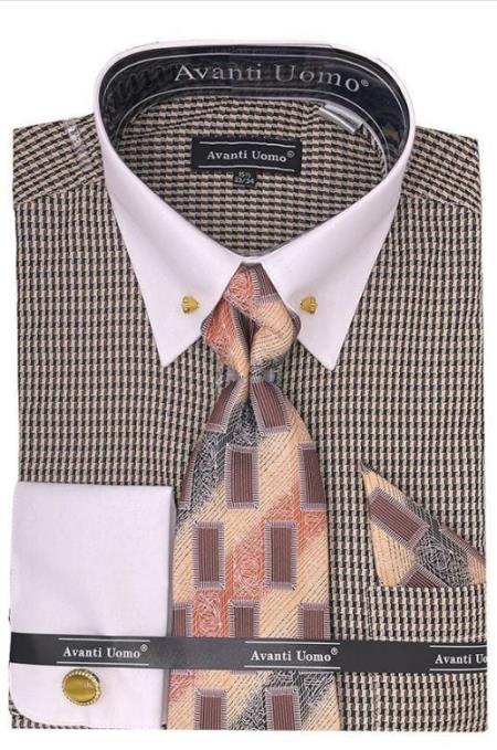 Beige Pin Collar Dress Shirt With Collar Bar