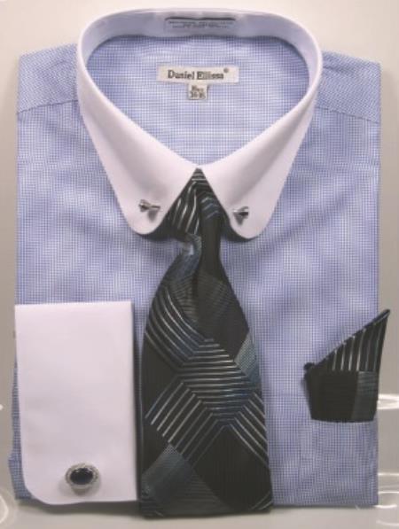 Blue Pin Collar Dress Shirt With Collar Bar