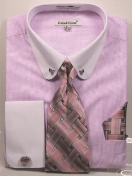 Pink Pin Collar Dress Shirt With Collar Bar