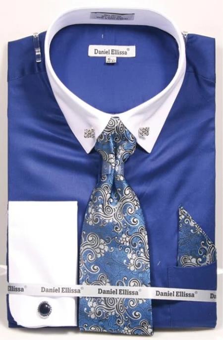 French Blue Pin Collar Dress Shirt With Collar Bar