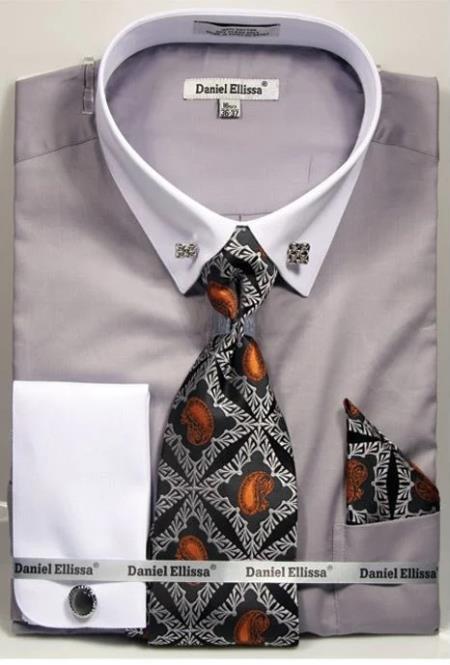 Grey Pin Collar Dress Shirt With Collar Bar