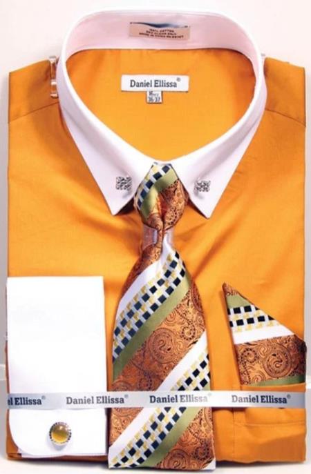 Yellow Pin Collar Dress Shirt With Collar Bar