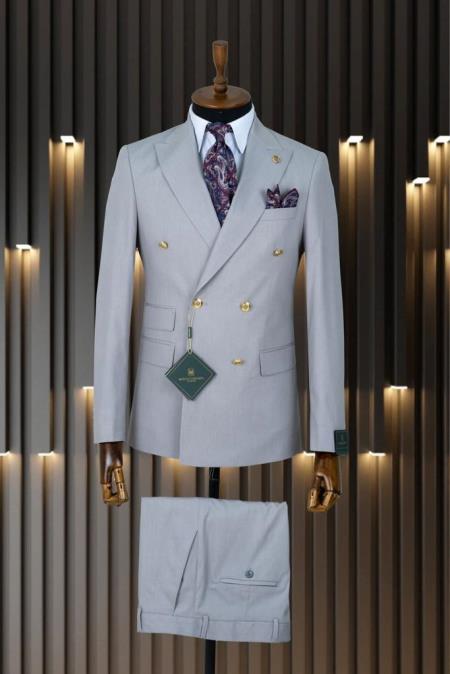 Mens Double Breasted Suit - Light Grey Suit