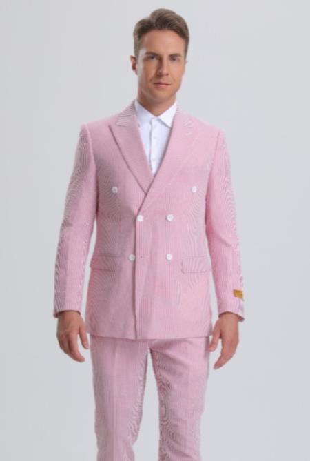 Double Breasted Suit - Seersucker Suit - Pink Summer Suit