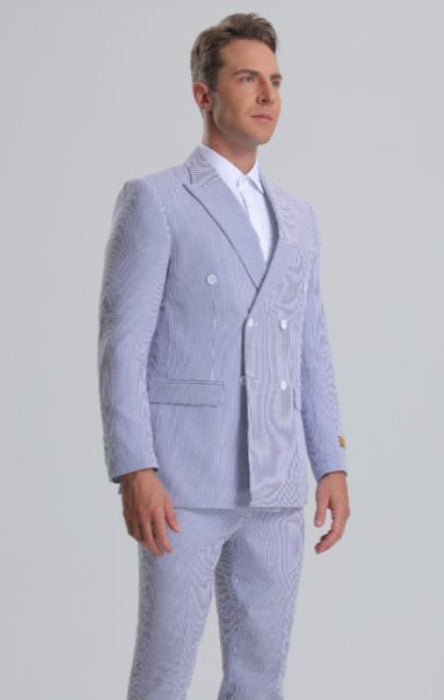 Double Breasted Suit - Seersucker Suit - Light Blue Summer Suit