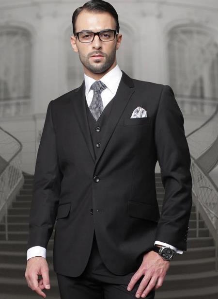 Mens Suits Regular Fit - Wool Suit - Pleated Pants - Black Suit