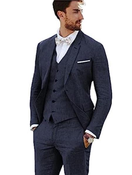 3 Piece Linen Suit - Navy Mens Suit - Vested summer Suit