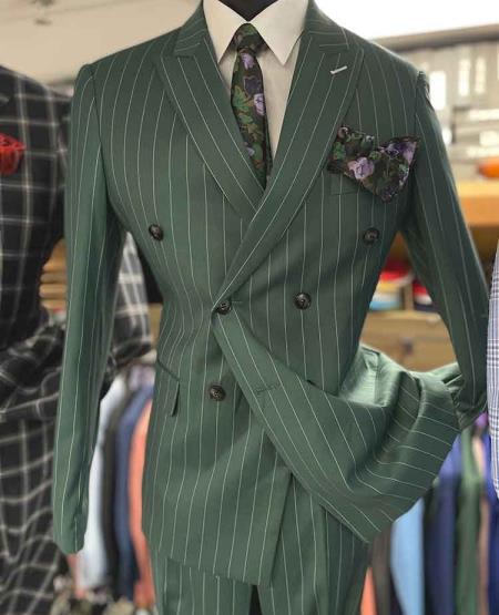 Mens Six Button Peak Lapel Double Breasted Green Suit