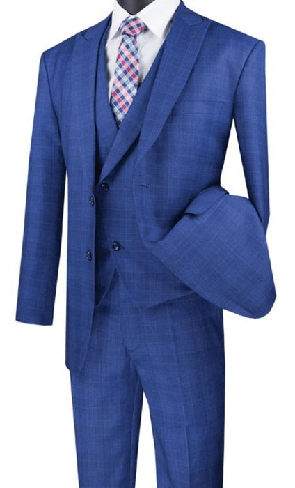 Blue Plaid Suit - Vested Suit - 3 Piece Suits - Peak Lapel Suits - Windowpane Suit - 2 Button