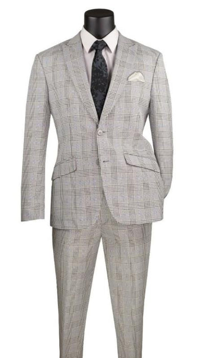 Plaid Suits - Windowpane Gray Suit - Peak Lapel Style