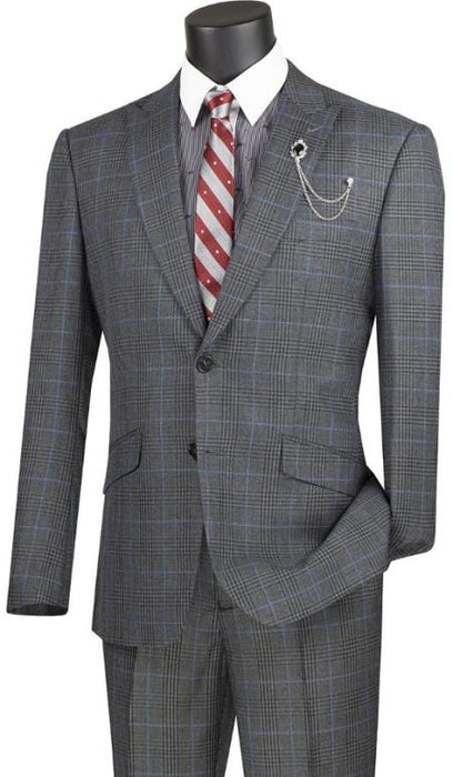 Plaid Suits - Windowpane Charcoal Suit - Peak Lapel Style