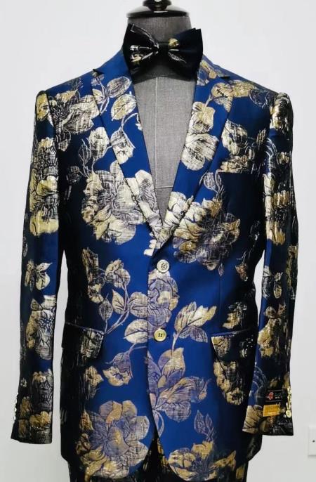 Gold Paisley - Gold Floral Suit With Bowtie With Pants