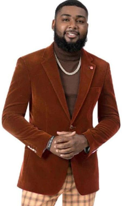 Mens Velvet Jacket Rust Tailored Fit Blazer