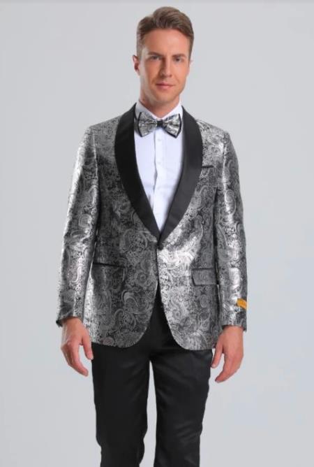 Silver Paisley Suit - Floral Suit - Solid Black Pants + Bowtie